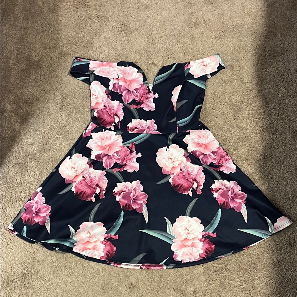 Floral Pink and Navy Off the Shoulder Dress